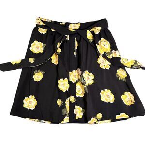 Loft Knee Length Tie Skirt Women's Small Black Yellow Floral Flowy Bloomcore